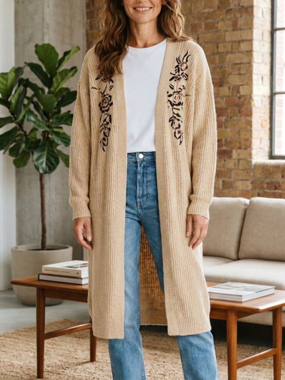 Lapis Long Chunky Knit Embroidered Cardigan